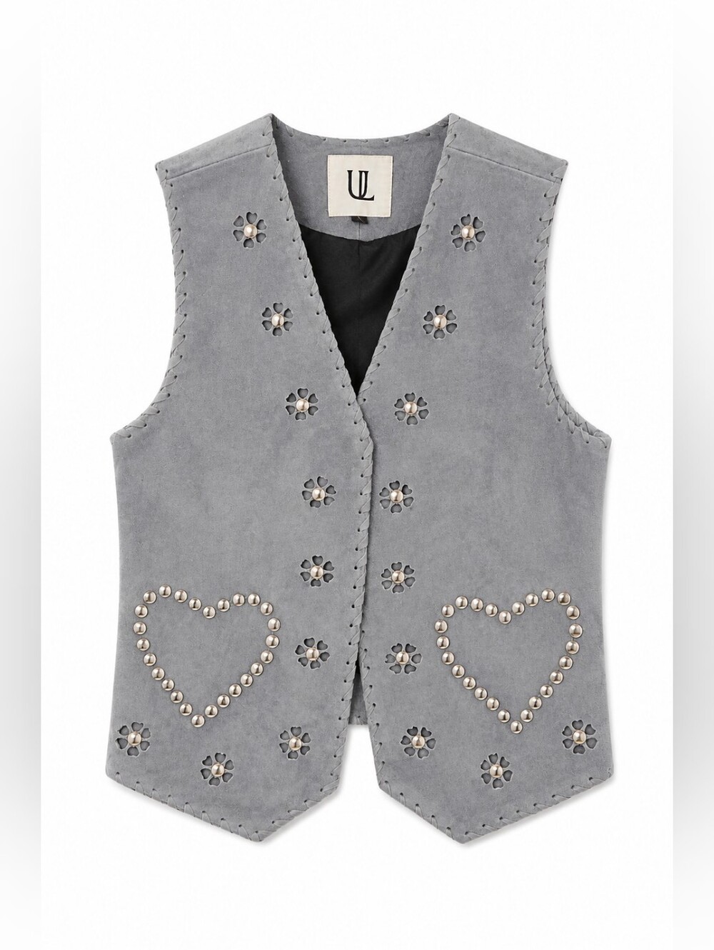 NWT Understated Leather x Free People 100% Suede Heart Stud Vest, Gray Blue, XS